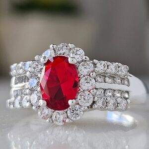 Oval Red Ruby Gemstone Ring, 925 Sterling Silver Charmed Aroma
